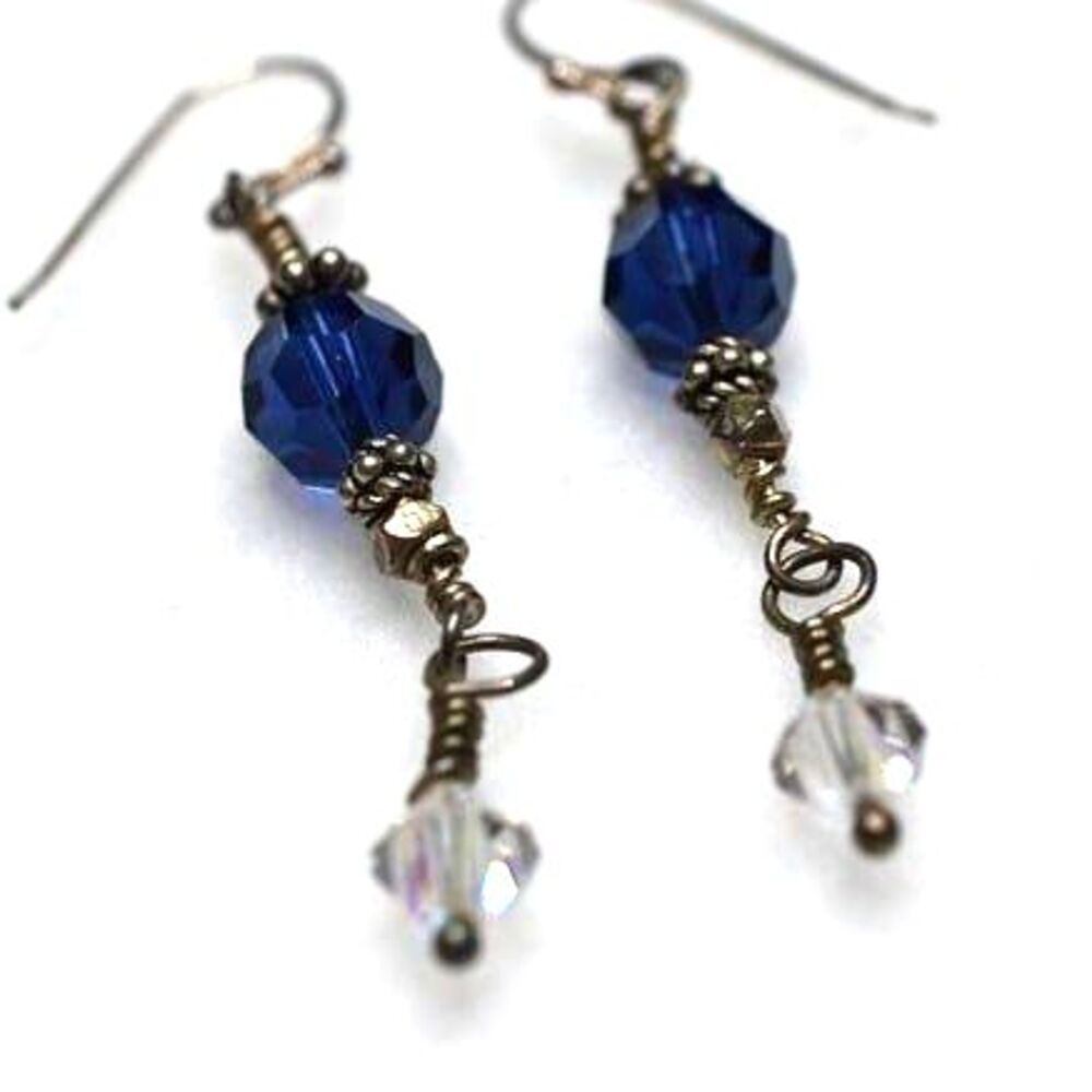 Victorian Vintage Blue/Clear Bead Gold Tone Dangle Hook Earrings